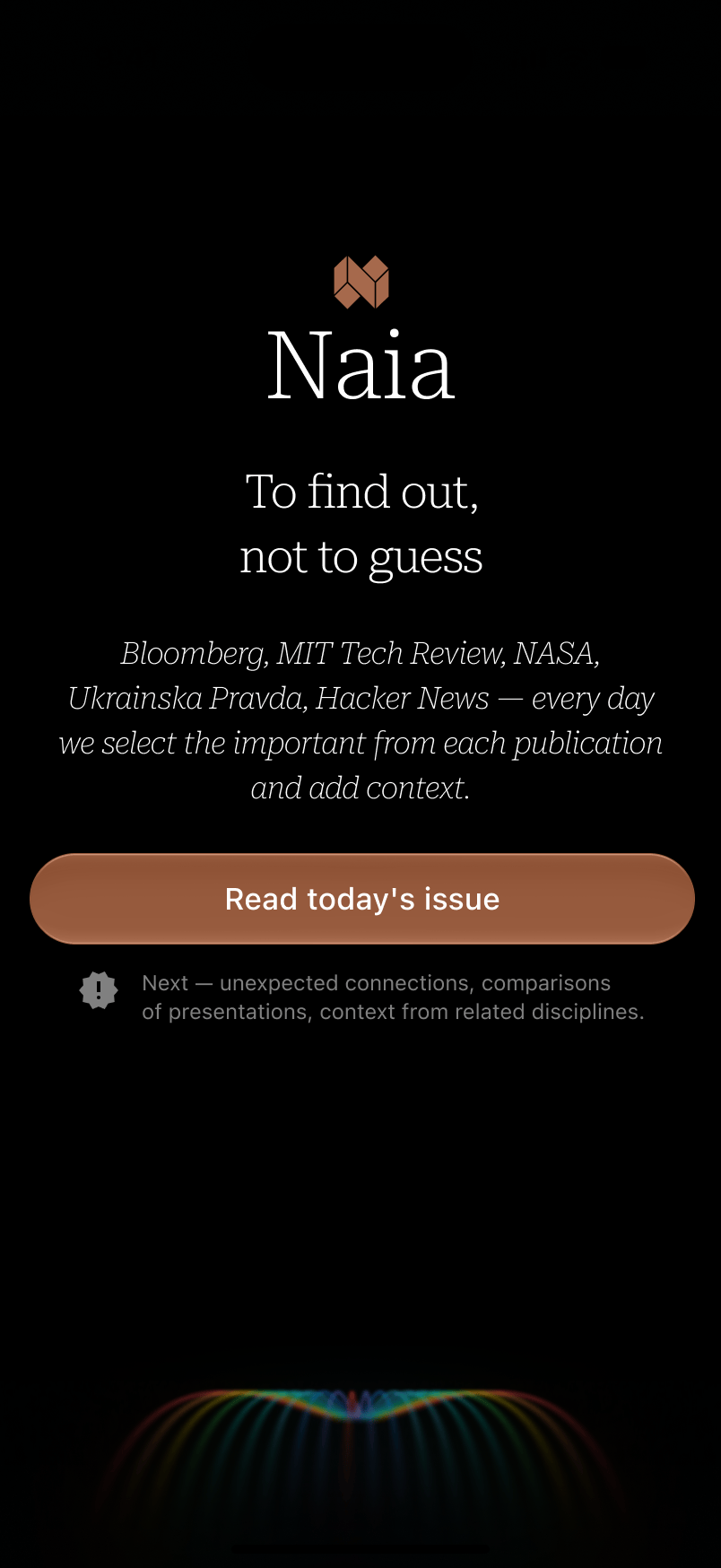 Nuus news app onboarding — welcome screen with the app tagline and a call to read today's issue